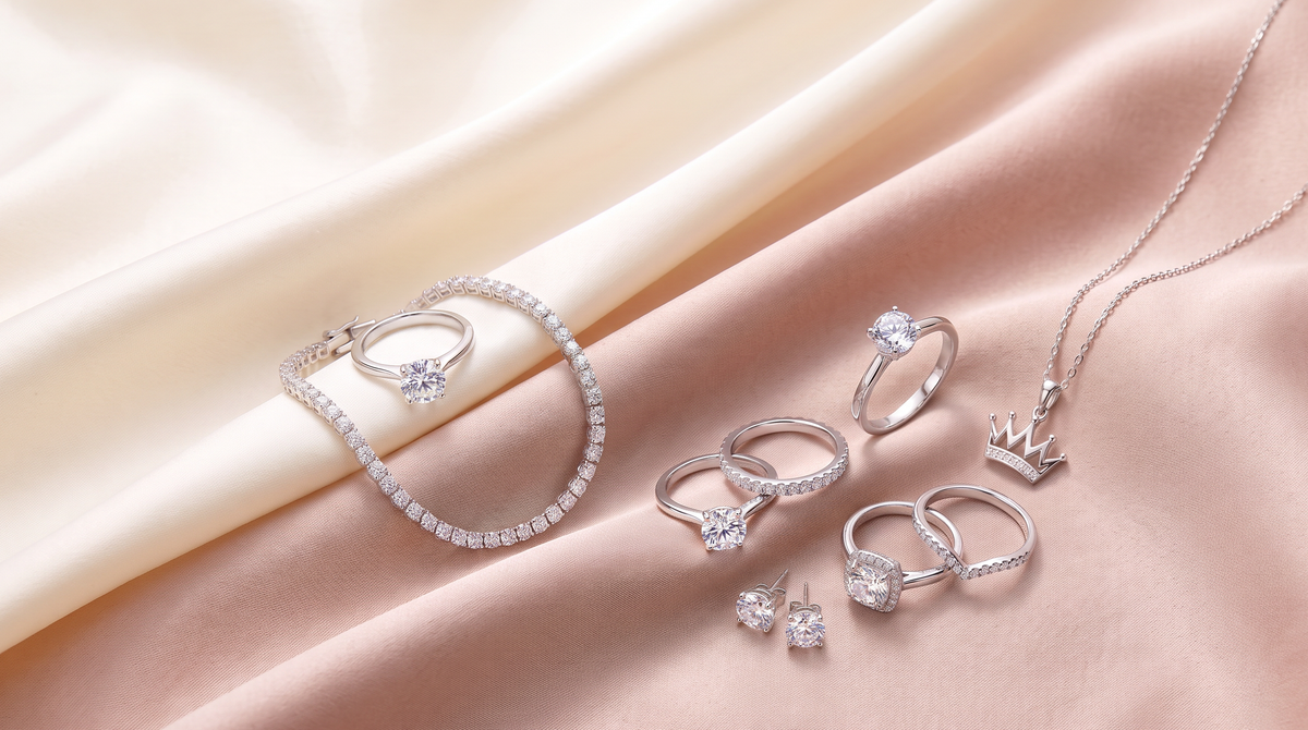 BelleAire Boutique hero - moissanite jewelry flat lay, desktop
