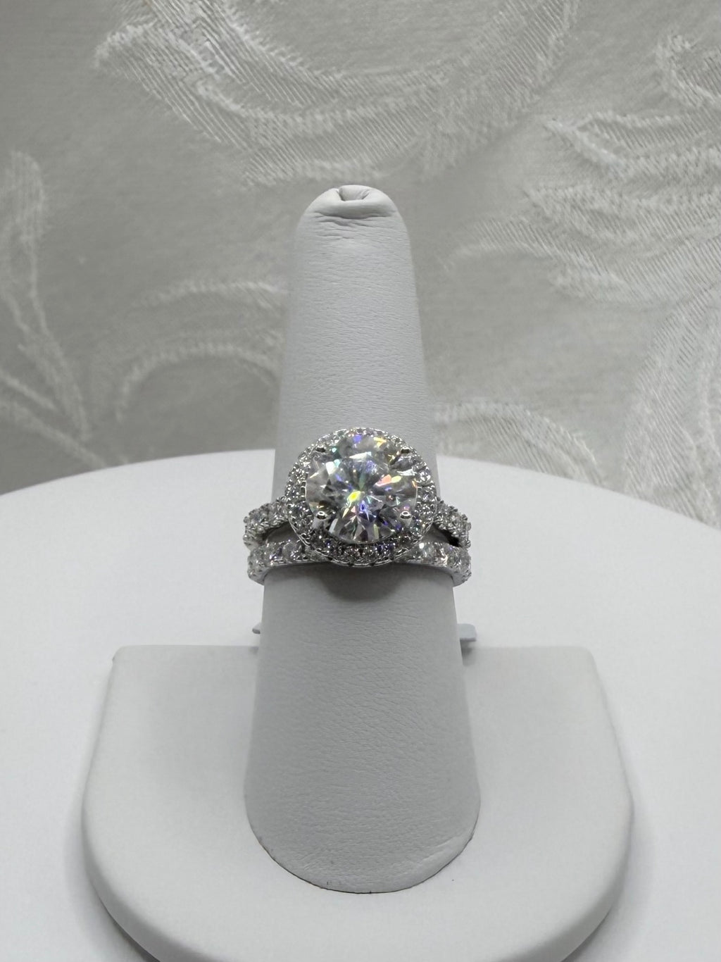 4 CTW Round Cut Moissanite Halo Engagement Ring Set, Size 7