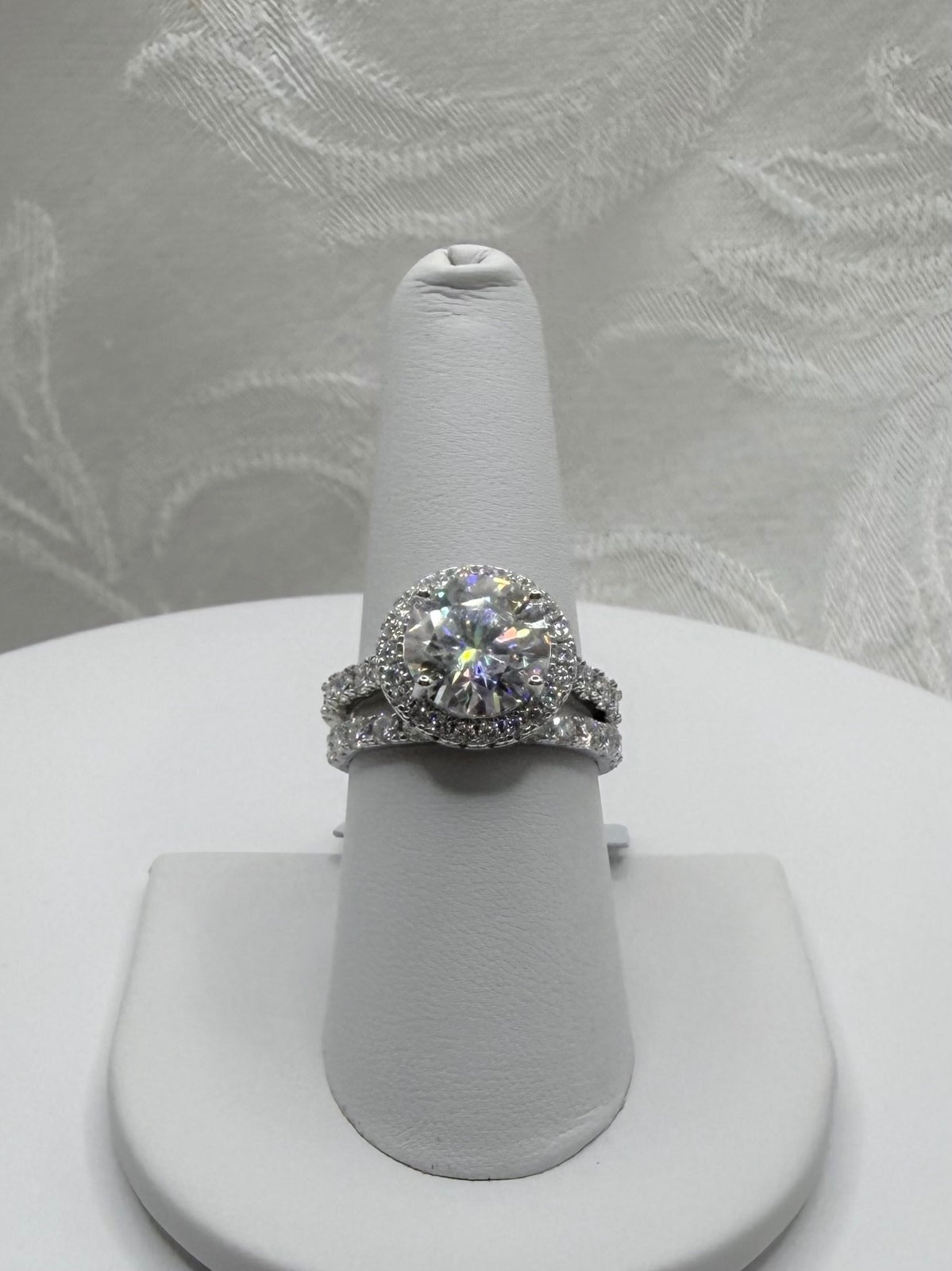 4 CTW Round Cut Moissanite Halo Engagement Ring Set, Size 7